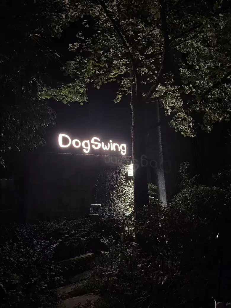 夜色与树影里的 DogSwing 发光招牌